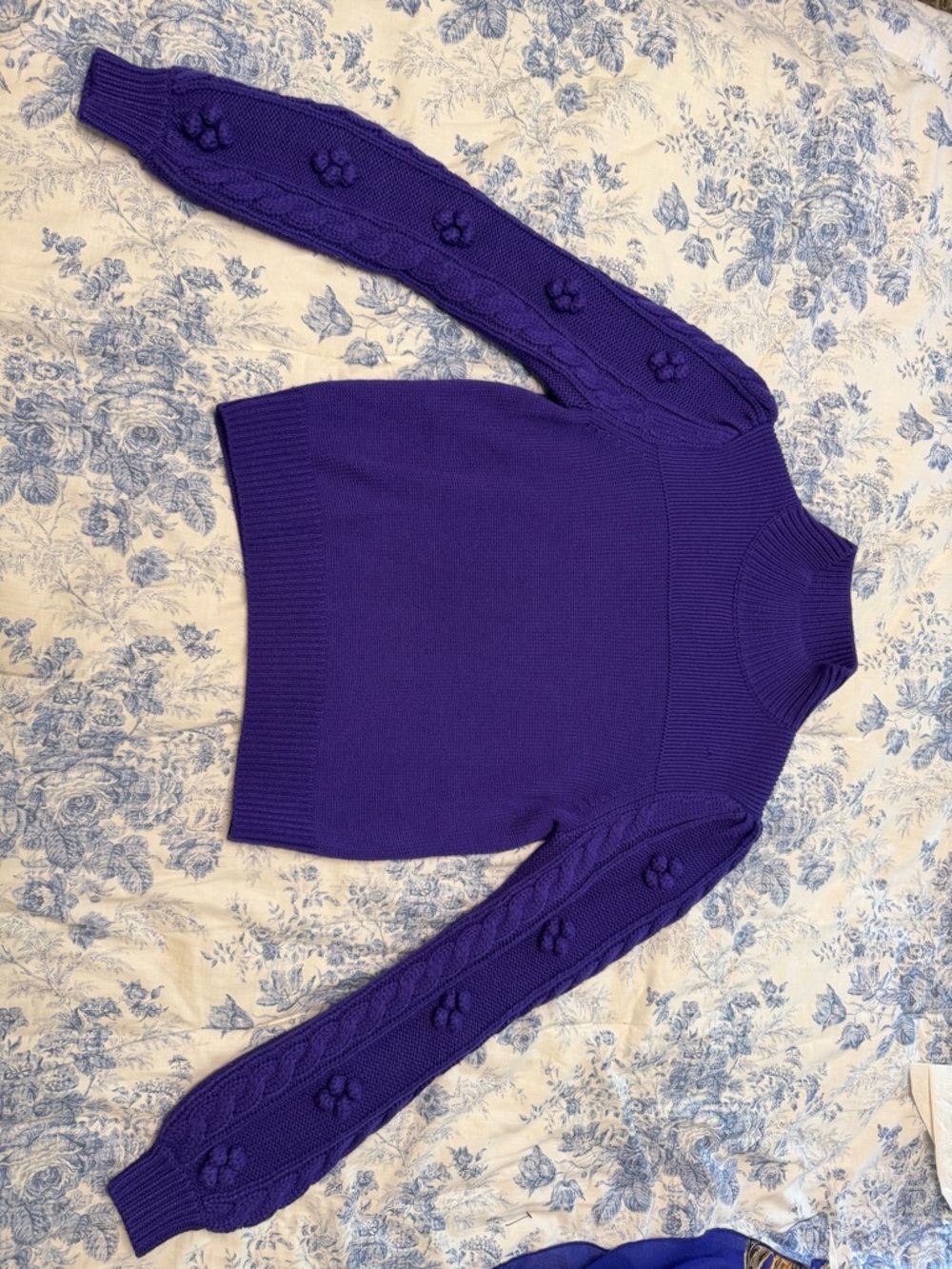 Maeve Purple Mock Neck Sweater with Floral Cable Sleeves